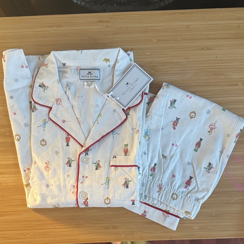 Petite Plume White Pajama Set with Red Trim for Kids
